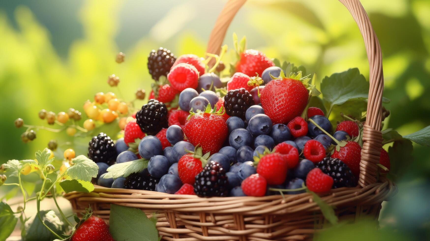 ai generiert sonnig Garten Szene mit ein herrlich Korb von gemischt Beeren foto