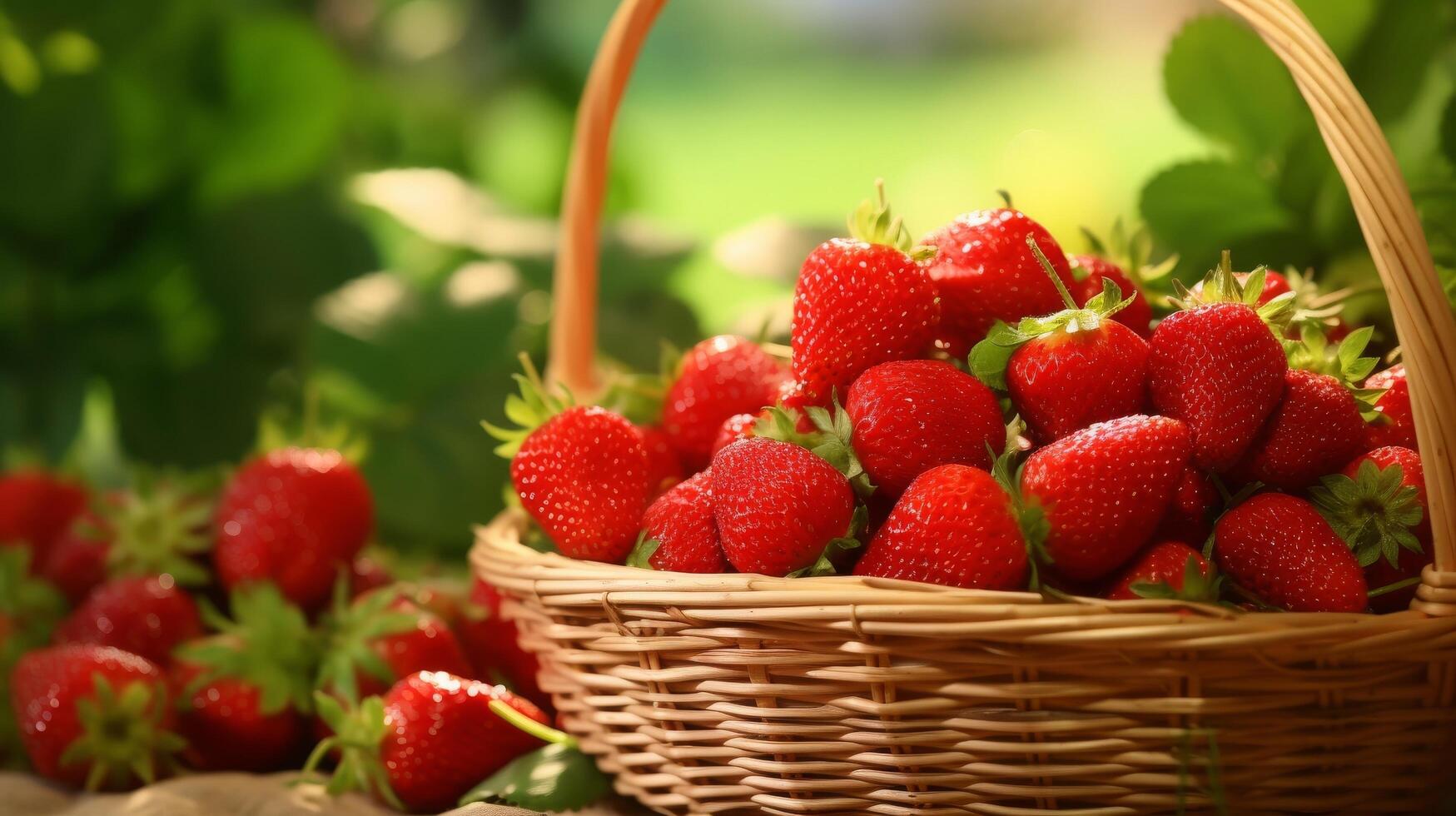 ai generiert frisch und saftig Erdbeeren im ein Korbweide Korb foto