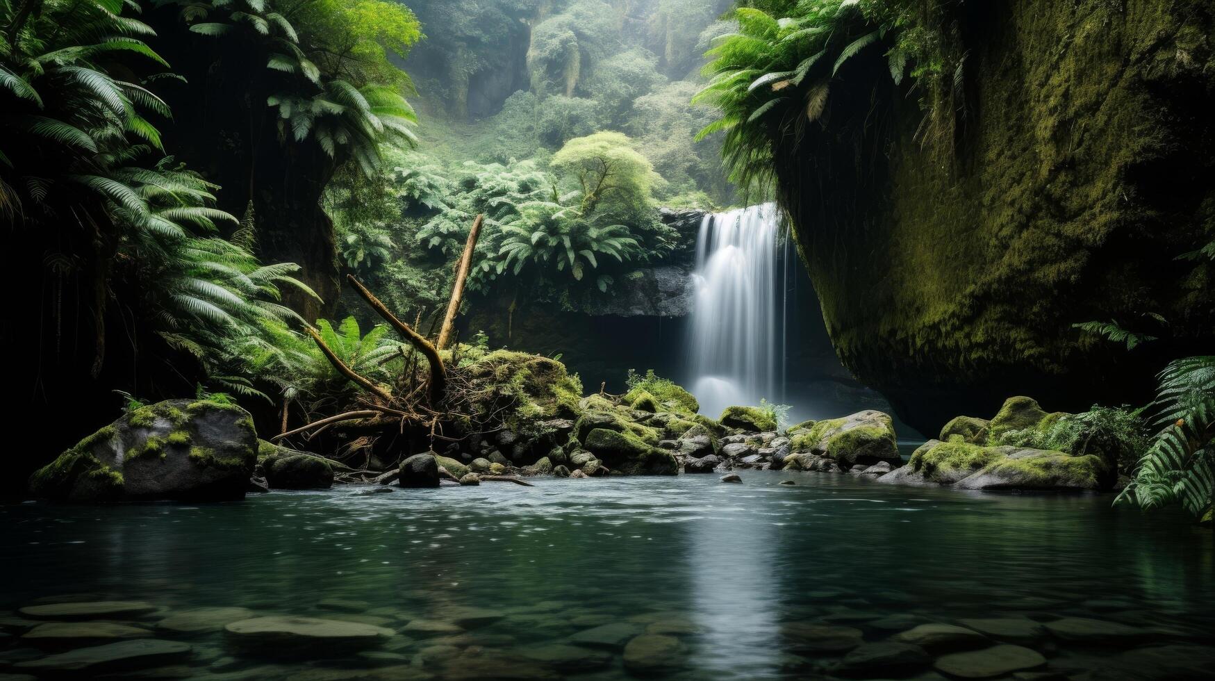 ai generiert szenisch Aussicht von Wasserfall und Schwimmbad im üppig Schlucht foto