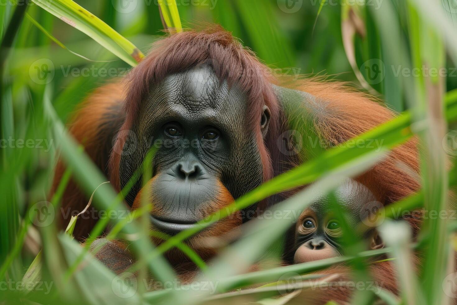 ai generiert weiblich von das Orang-Utan mit ein Baby im ein Dickicht von Gras foto