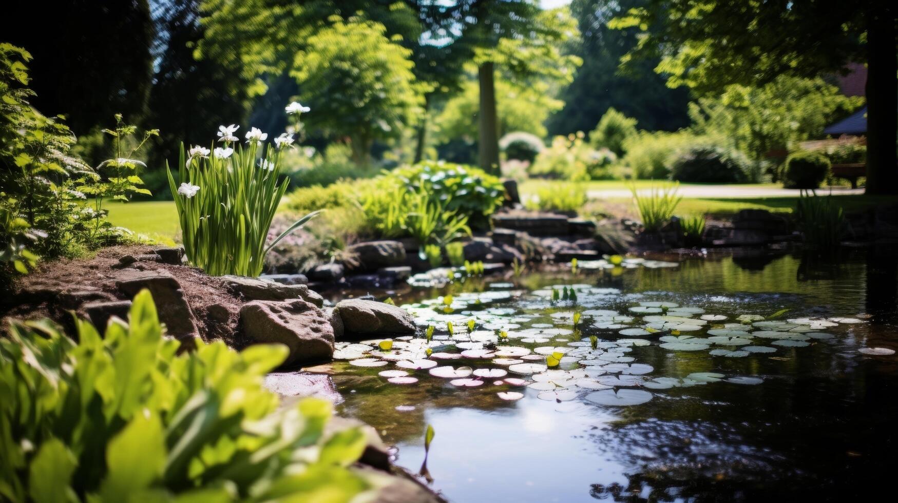 ai generiert Wasser Lilien und Lotus Blüten schweben auf ein Ruhe Garten Teich foto