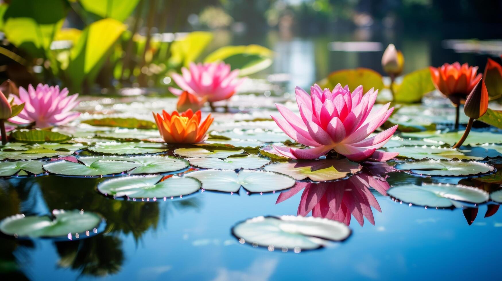 ai generiert ein bunt Anzeige von Lotus Blumen und ihr Reflexionen auf ein Ruhe Teich foto