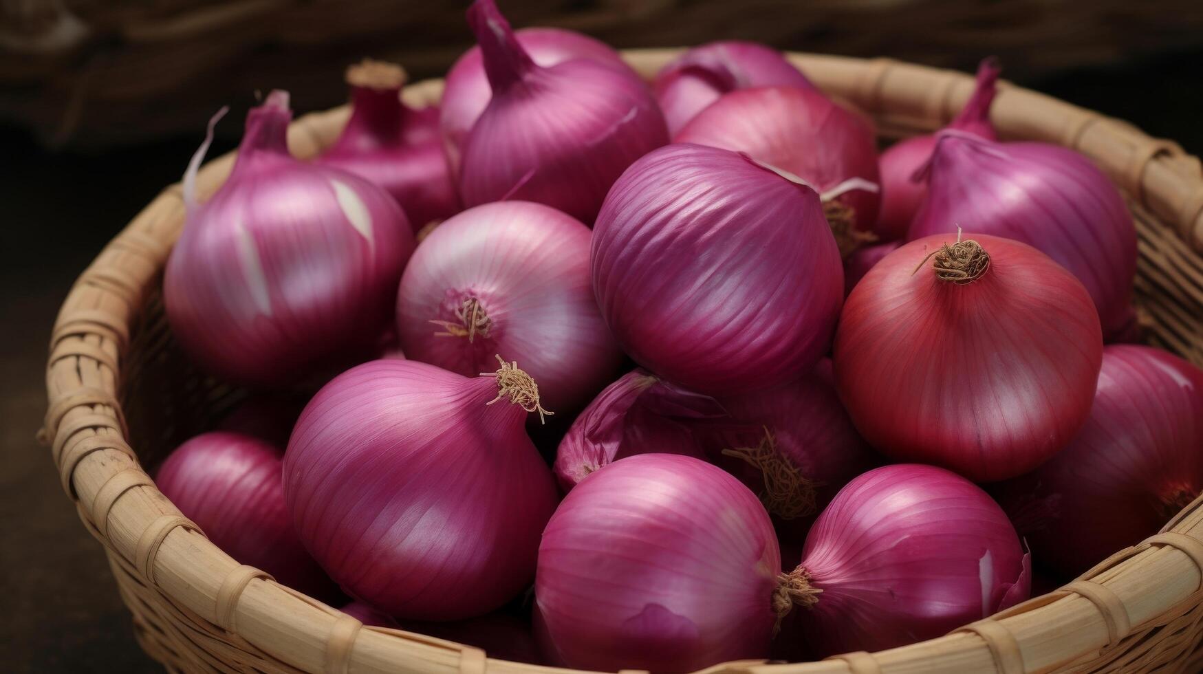 ai generiert schließen oben von rot Zwiebeln schön vereinbart worden im ein gewebte Korb foto