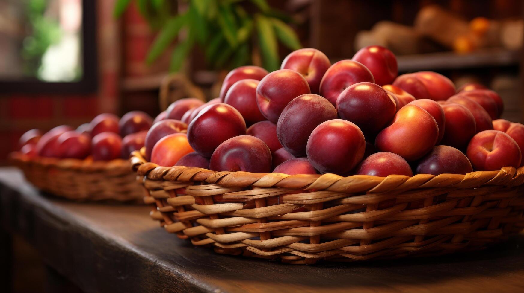 ai generiert rustikal Rahmen mit ein Korb von pluots foto