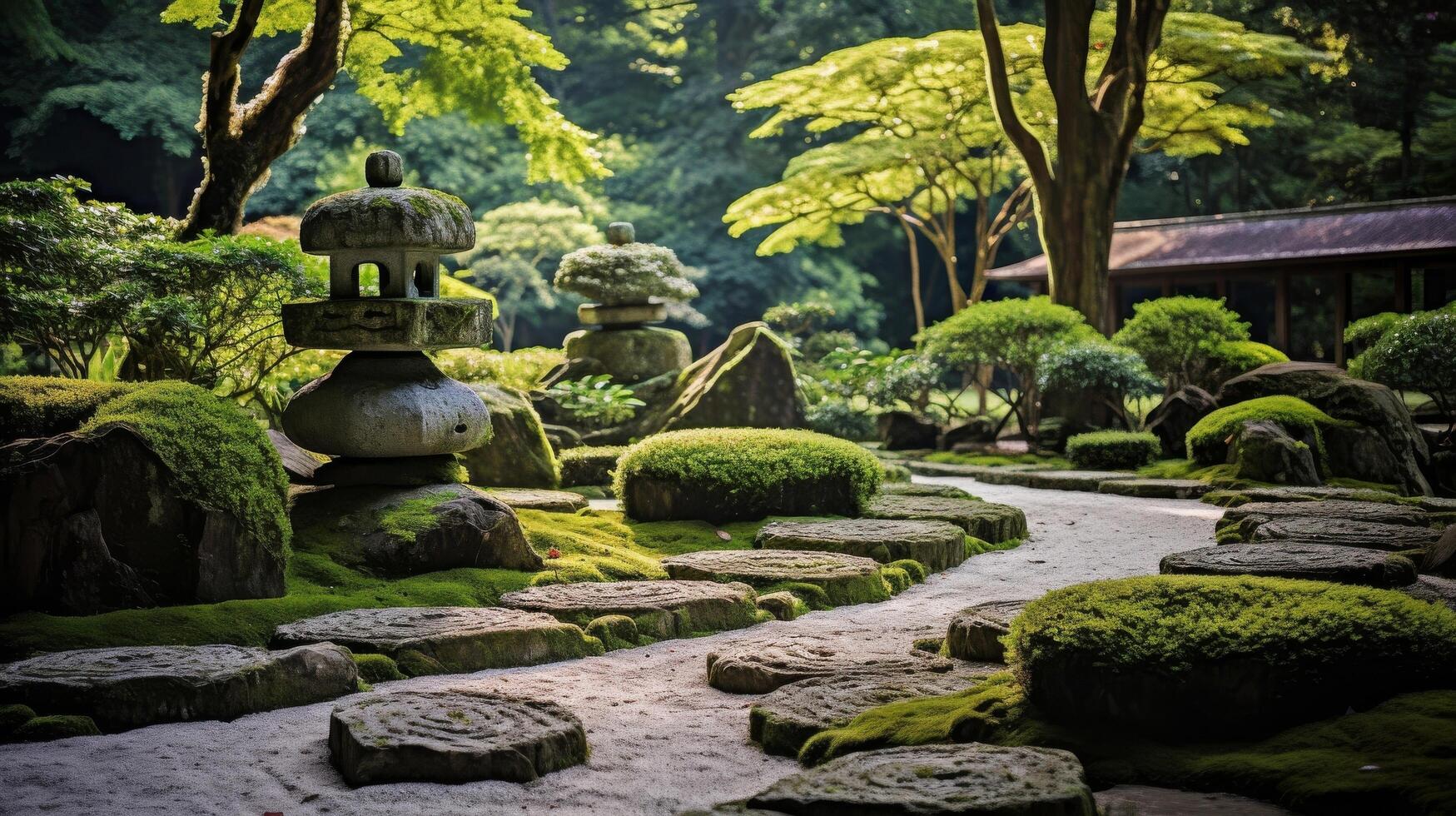 ai generiert ein friedlich Felsen Garten mit geharkt Sand, Felsen, und ein Bambus Zaun foto