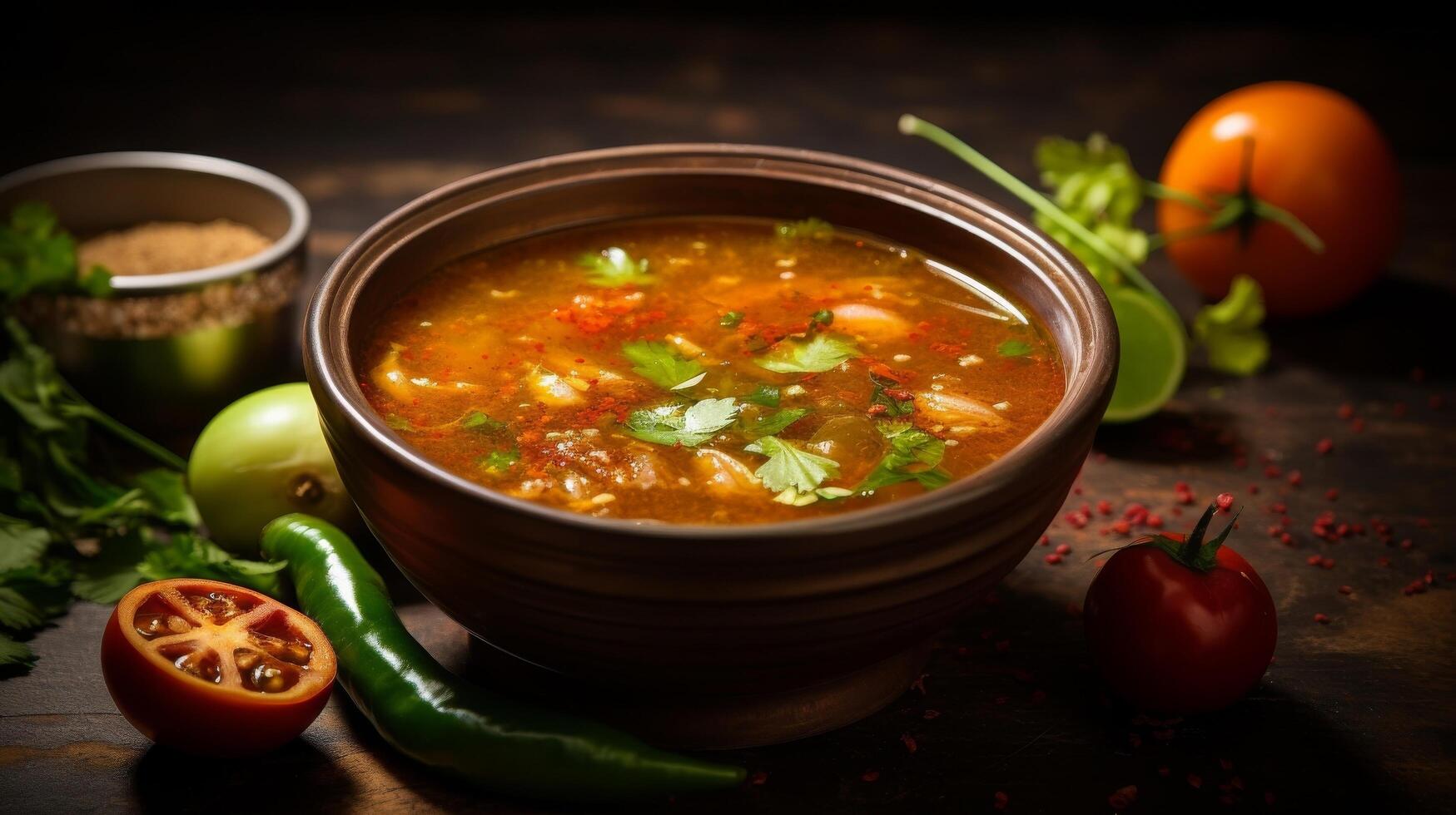 ai generiert traditionell Rasam mit Tomaten und Tamarinde foto