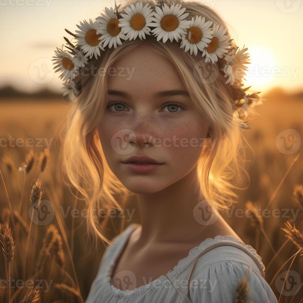 ai generiert ein Frau geschmückt mit ein Gänseblümchen Krone steht inmitten golden Weizen Felder während ein heiter Sonnenuntergang foto