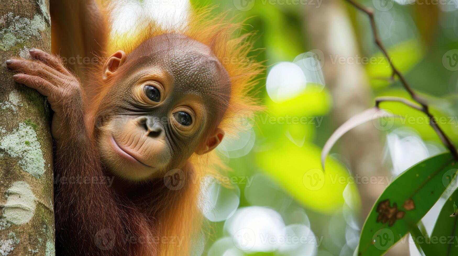 ai generiert Baby Orang-Utan im seine natürlich Umgebung im das Regenwald foto