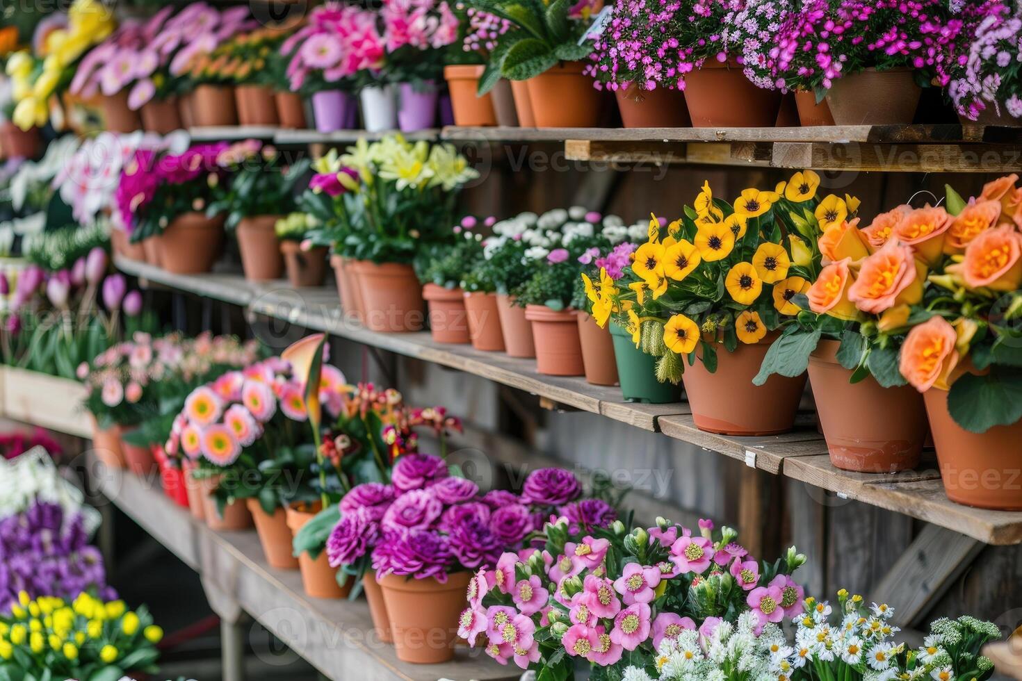 ai generiert viele bunt Blühen Blumen im Töpfe sind angezeigt auf Regal im floristisch Geschäft oder beim Straße Markt. Frühling Pflanzen. foto