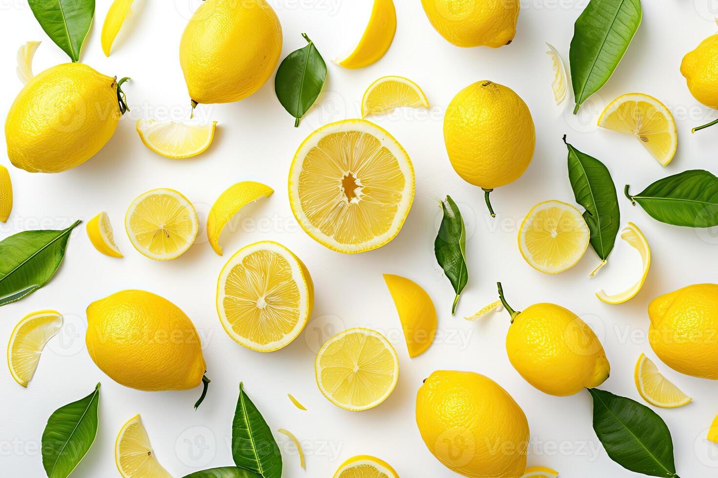 ai generiert Gelb Zitronen mit Grün Blätter auf Weiß Hintergrund. tropisch organisch Obst mit Vitamin c. foto