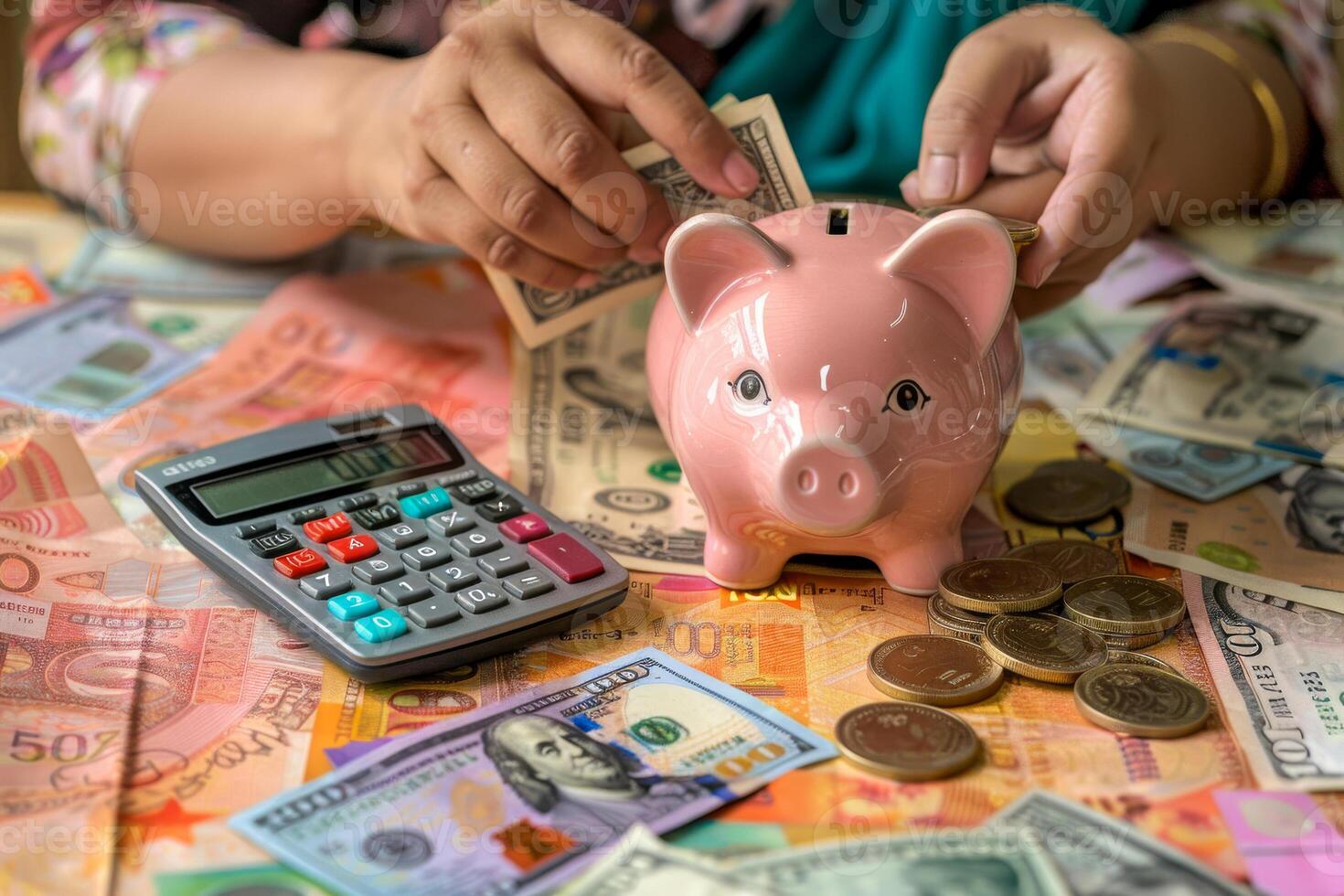 ai generiert ein Person Hand setzt ein Rechnung in ein Schweinchen Bank Über ein Stapel von verschiedene Währungen und Münzen, neben ein Taschenrechner, symbolisieren persönlich Finanzen Verwaltung foto