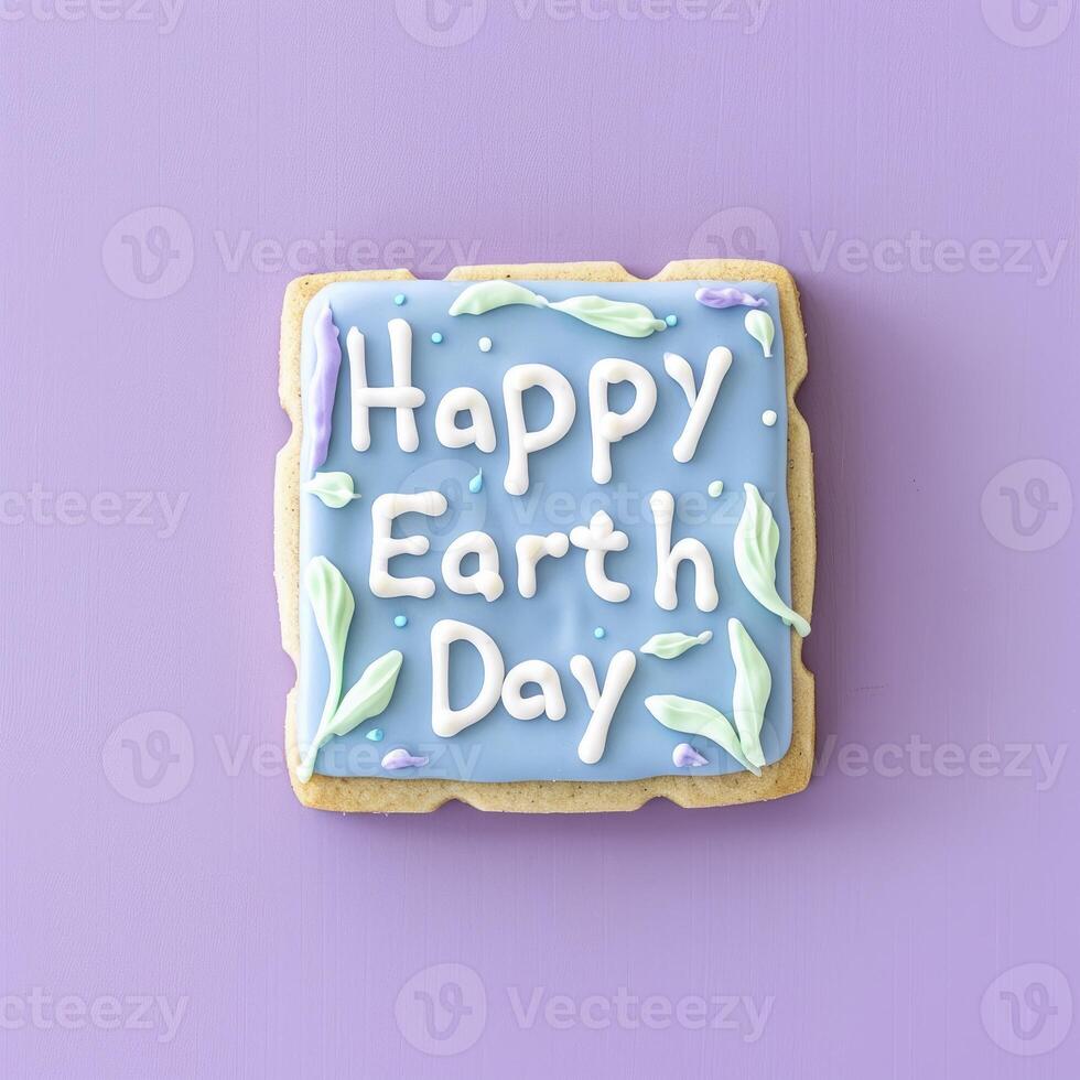 ai generiert glücklich Erde Tag, das Text auf das Blau und Weiß Zucker Plätzchen foto