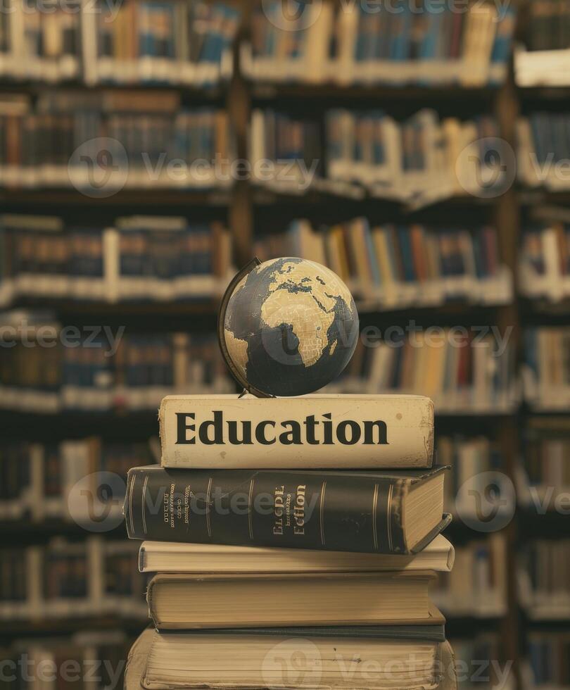 ai generiert Bücher mit das Wort Bildung auf oben Eigenschaften ein Erde Globus. foto