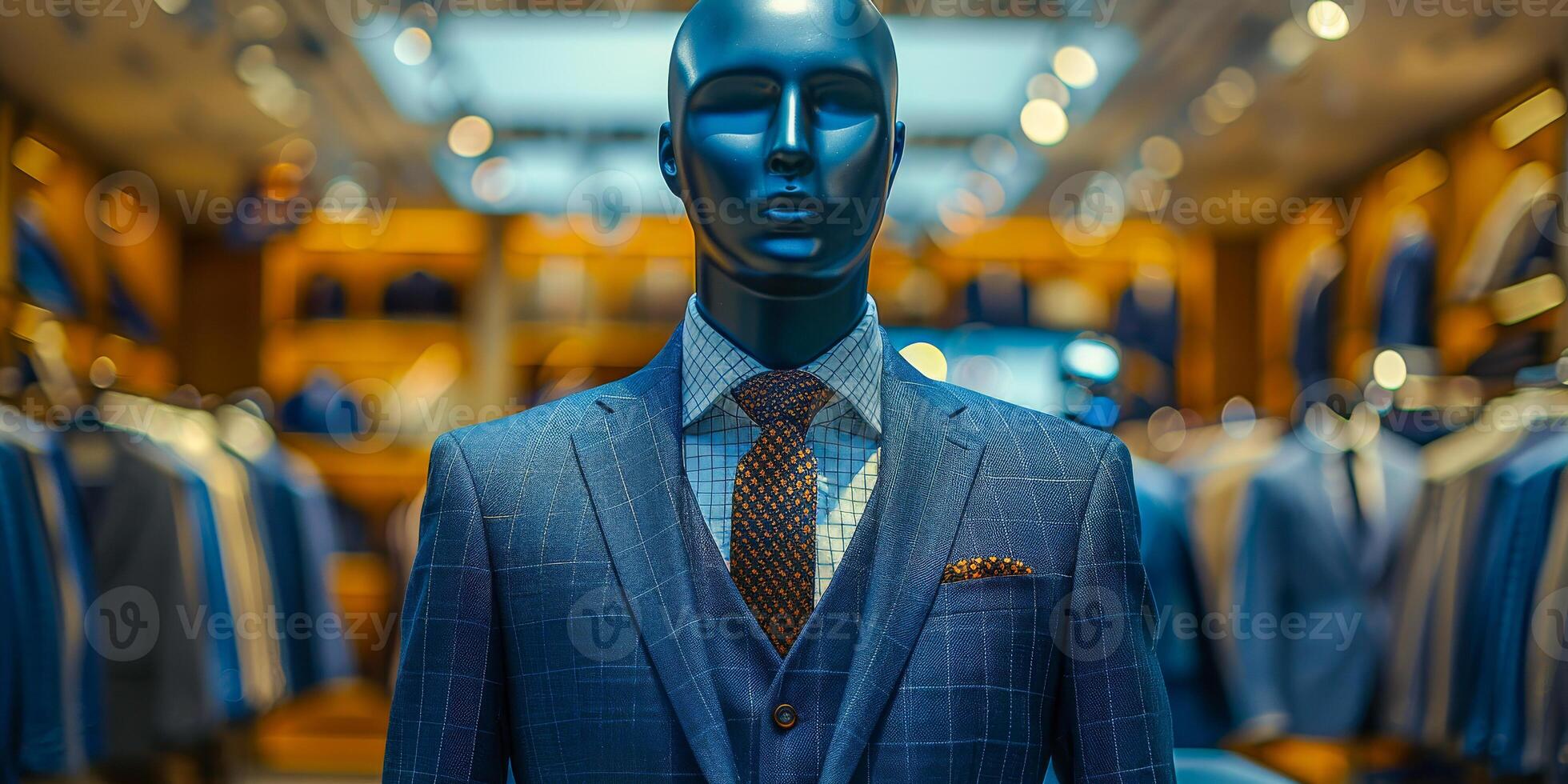 ai generiert ein Mannequin ist angezeigt im ein Geschäft Fenster, gekleidet im ein tailliert Blau passen und binden. das formal Kleidung Vitrinen das Stil und Raffinesse von Herren Mode foto