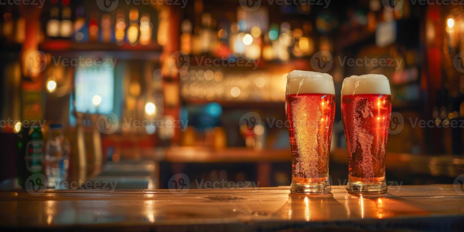ai generiert diese Foto zeigt zwei Brille von Bier platziert auf oben von ein Bar Schalter, Erfassen ein feierlich Moment im ein beiläufig Rahmen