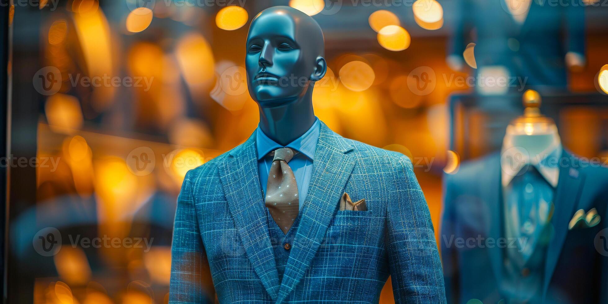 ai generiert ein Mannequin ist angezeigt im ein Geschäft Fenster, gekleidet im ein tailliert Blau passen und binden. das formal Kleidung Vitrinen das Stil und Raffinesse von Herren Mode foto