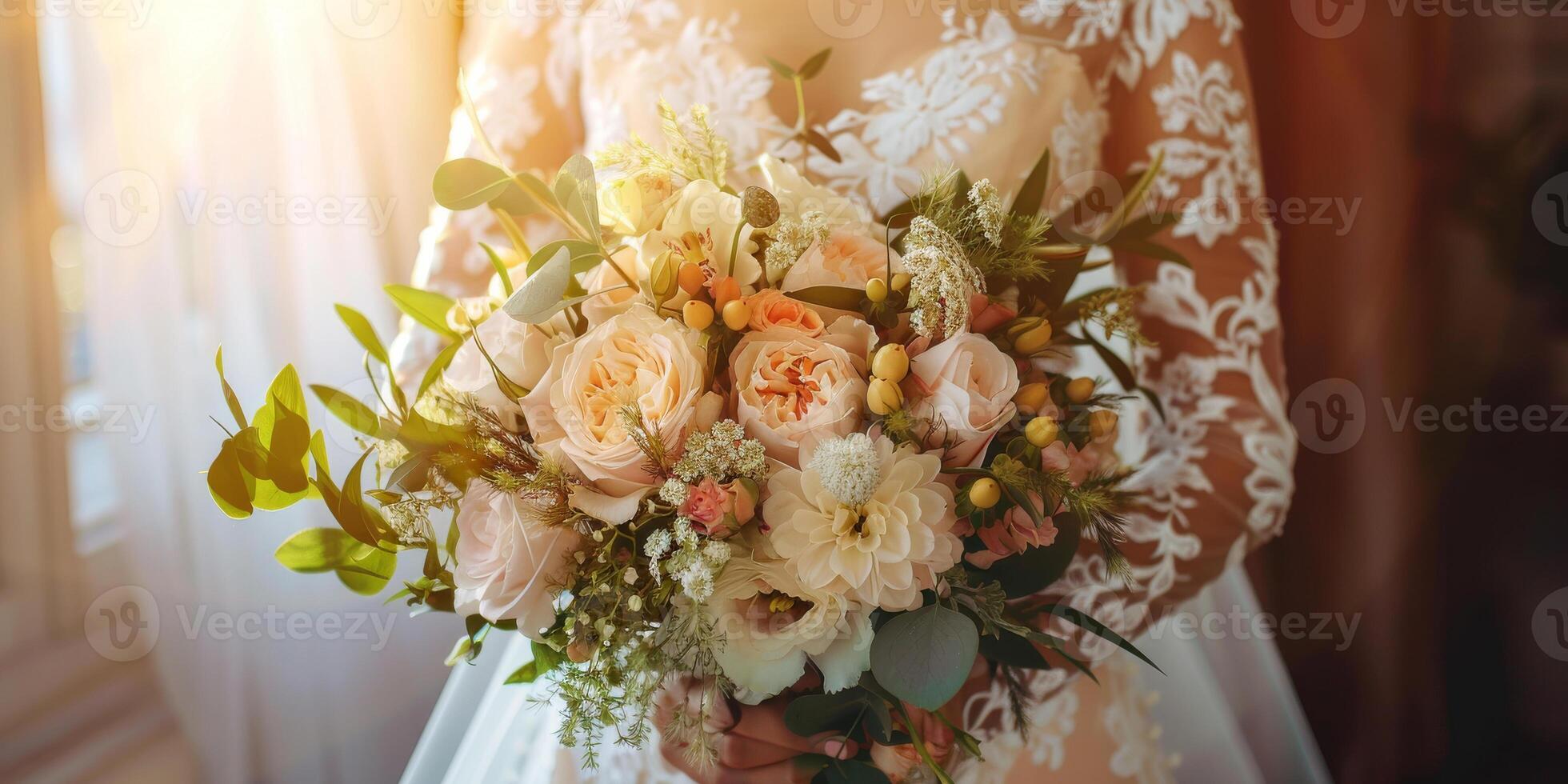 ai generiert Braut im Spitze Kleid halten ein Pastell- Hochzeit Strauß foto