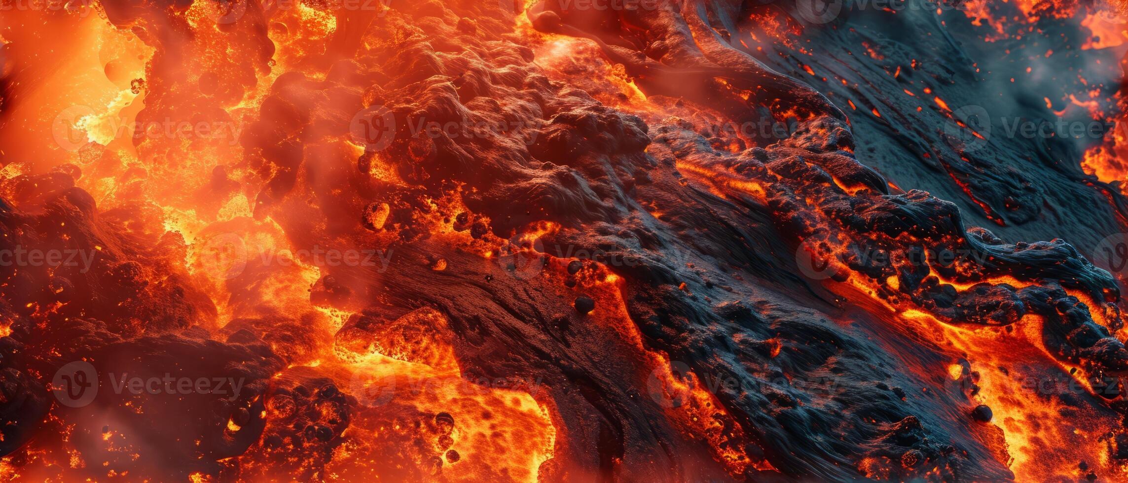 ai generiert Nahansicht von hell, geschmolzen Lava fließend zwischen gehärtet vulkanisch Felsen, ausstellen der Natur roh Leistung foto