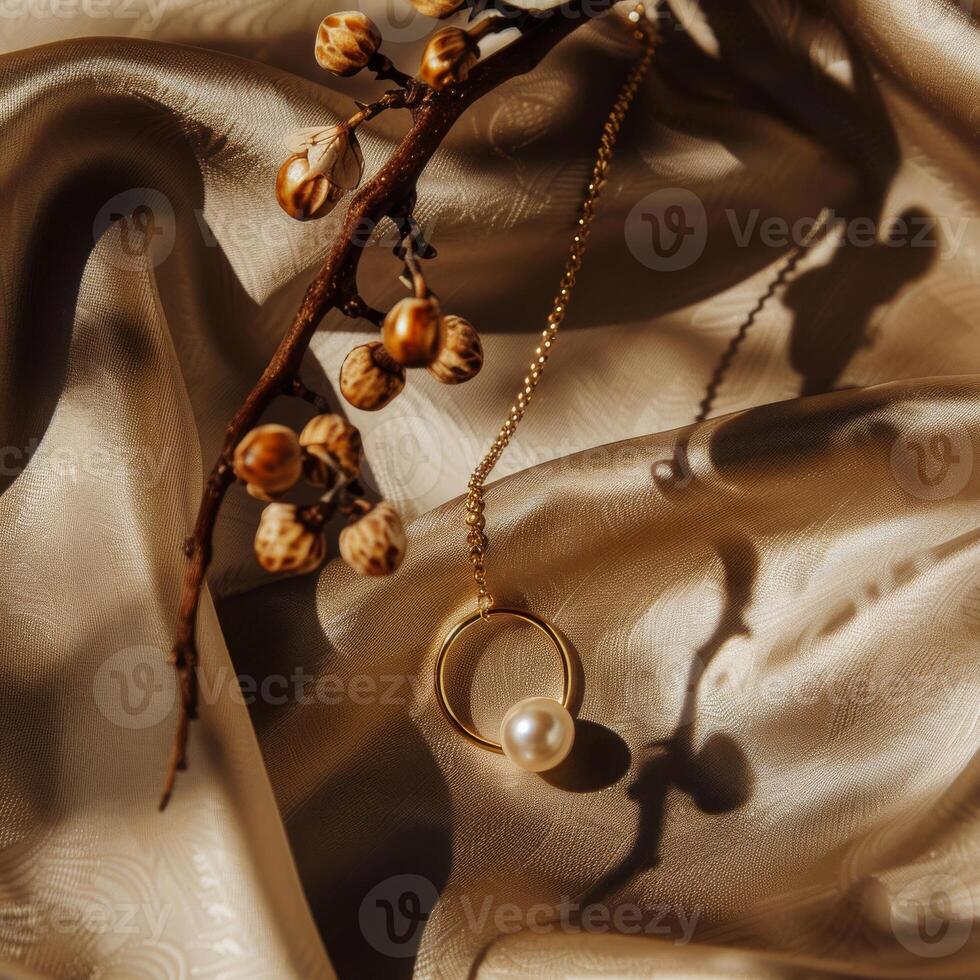 ai generiert diese Nahansicht Foto Vitrinen ein klassisch Halskette gelegt auf ein texturiert Tuch, Hervorheben das kompliziert Einzelheiten und Eleganz von das Schmuck Stück