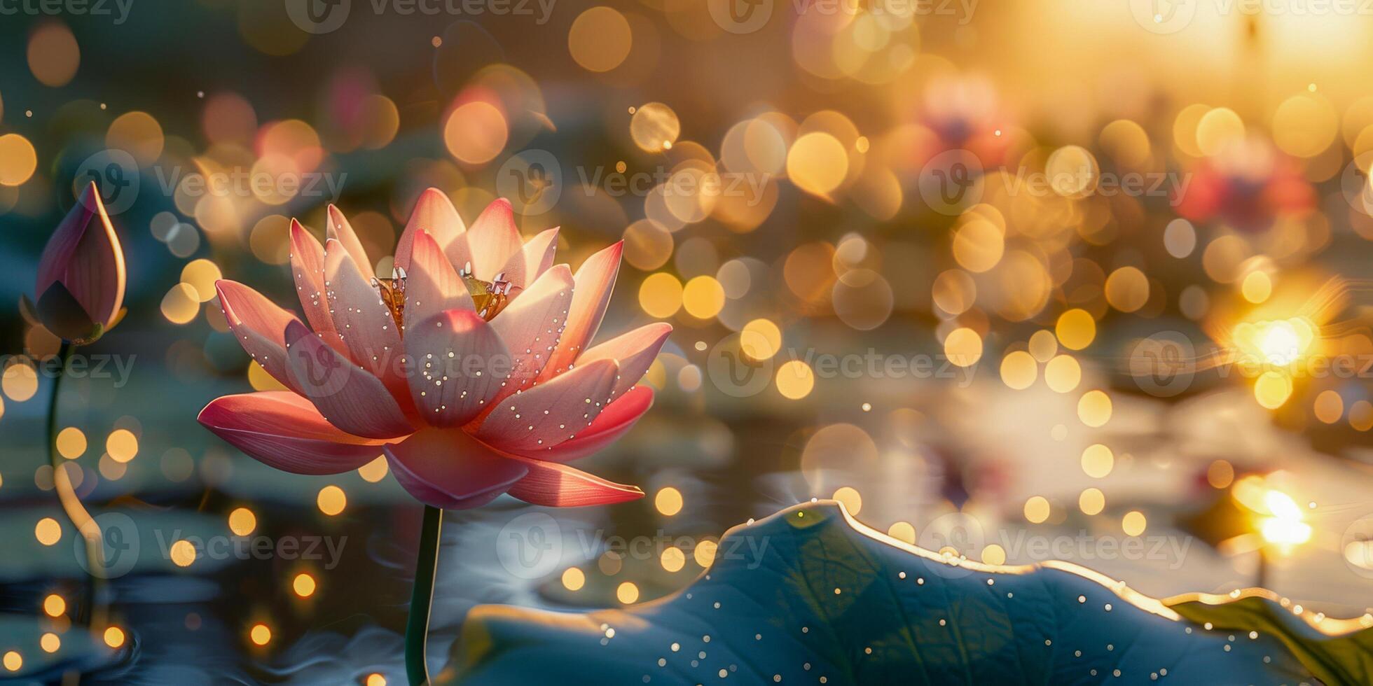 ai generiert ein heiter Lotus Teich beim Sonnenaufgang, mit ein Rosa Lotus im voll blühen mit Tau Tropfen, neben ein Knospung Blume und ein Lilie Pad, alle glitzernd unter das golden Sonnenlicht foto