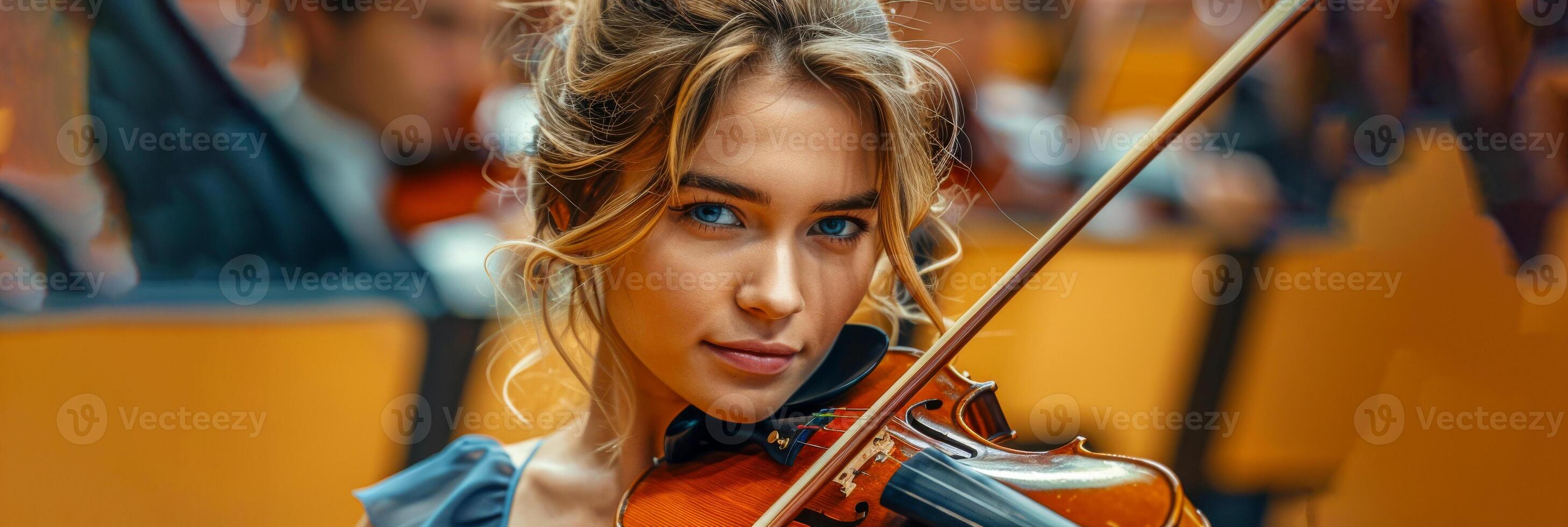 ai generiert diese Foto erfasst ein Nahansicht von ein Frau spielen das Violine mit auffällig Blau Augen. ihr Hände sind geschickt ziehen um auf das Saiten, Erstellen schön Musik-