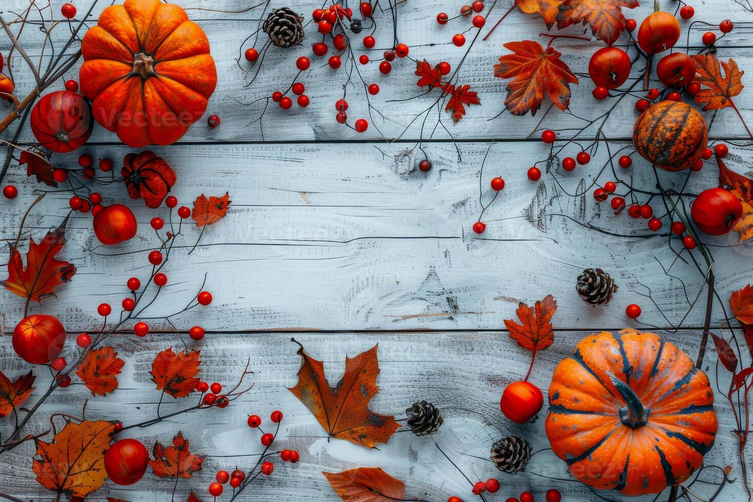 ai generiert Miniatur Kürbisse vermischen mit Herbst Blätter und Beeren auf ein rustikal Weiß hölzern Hintergrund, hervorrufen das Wesen von fallen foto