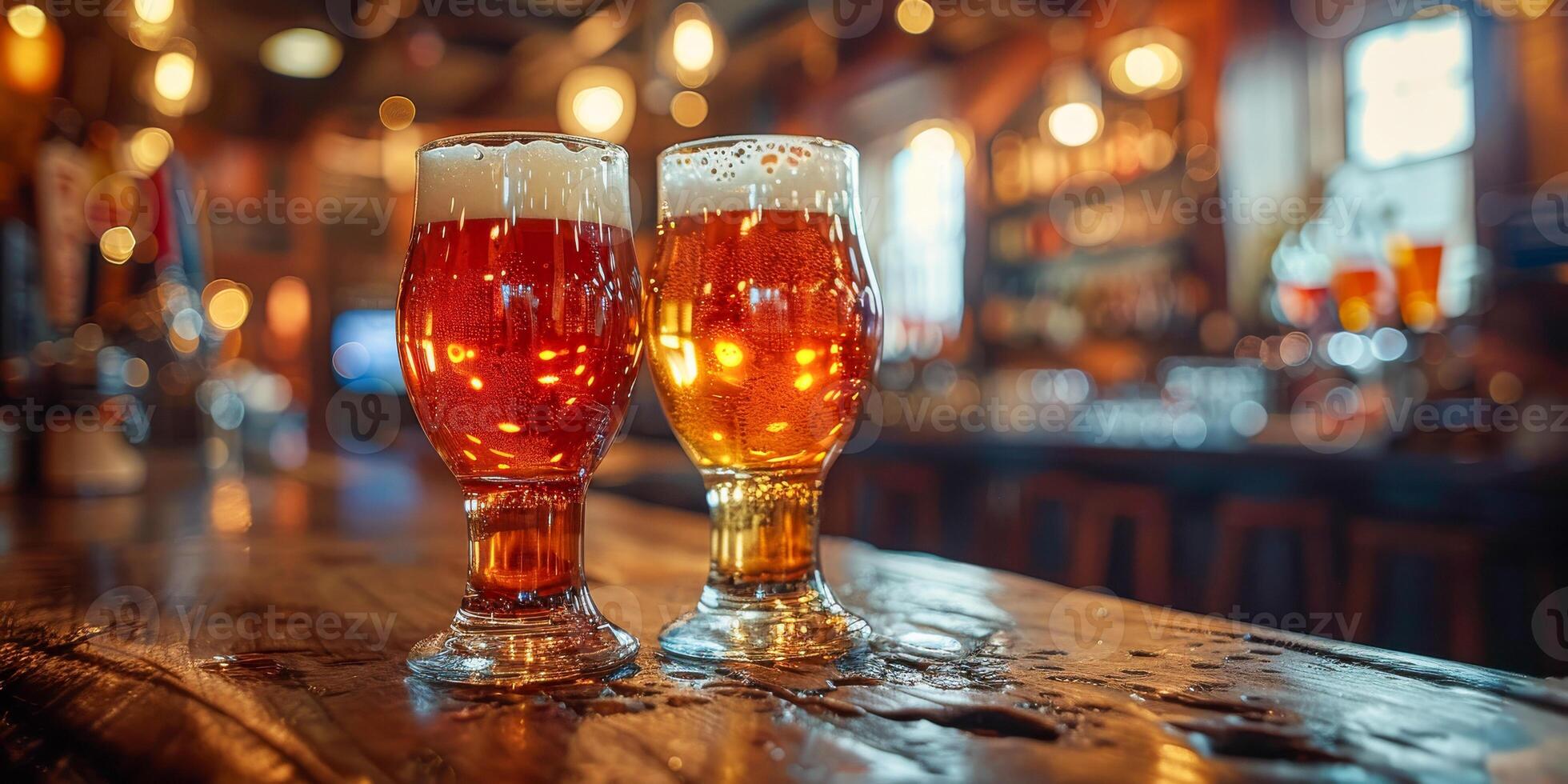 ai generiert diese Foto zeigt zwei Brille von Bier platziert auf oben von ein Bar Schalter, Erfassen ein feierlich Moment im ein beiläufig Rahmen