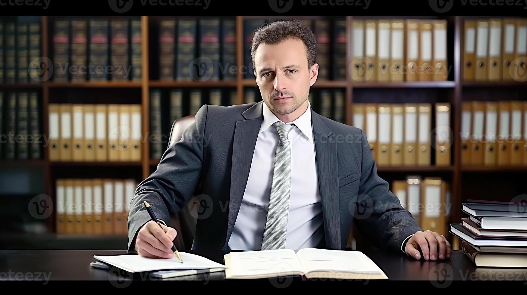 ai generiert Experte legal Wissen und Strategie, Anwalt Sitzung im seine Büro mit Gesetz Bücher, generativ ai foto