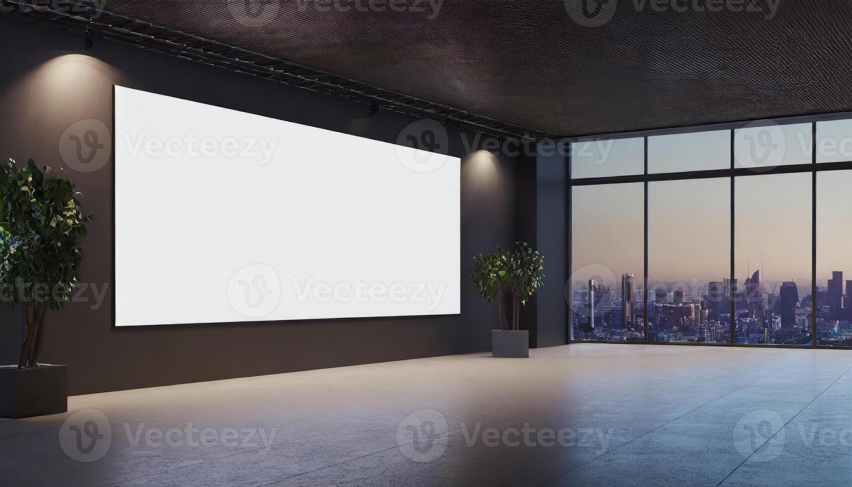 ai generiert geräumig Innere mit groß leer Mauer Banner mit hoch Fenster mit Blick auf das Stadt foto