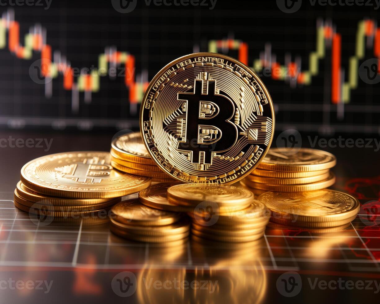 ai generiert Bitcoin Gold Münze und Diagramm Hintergrund. virtuell Kryptowährung Konzept foto