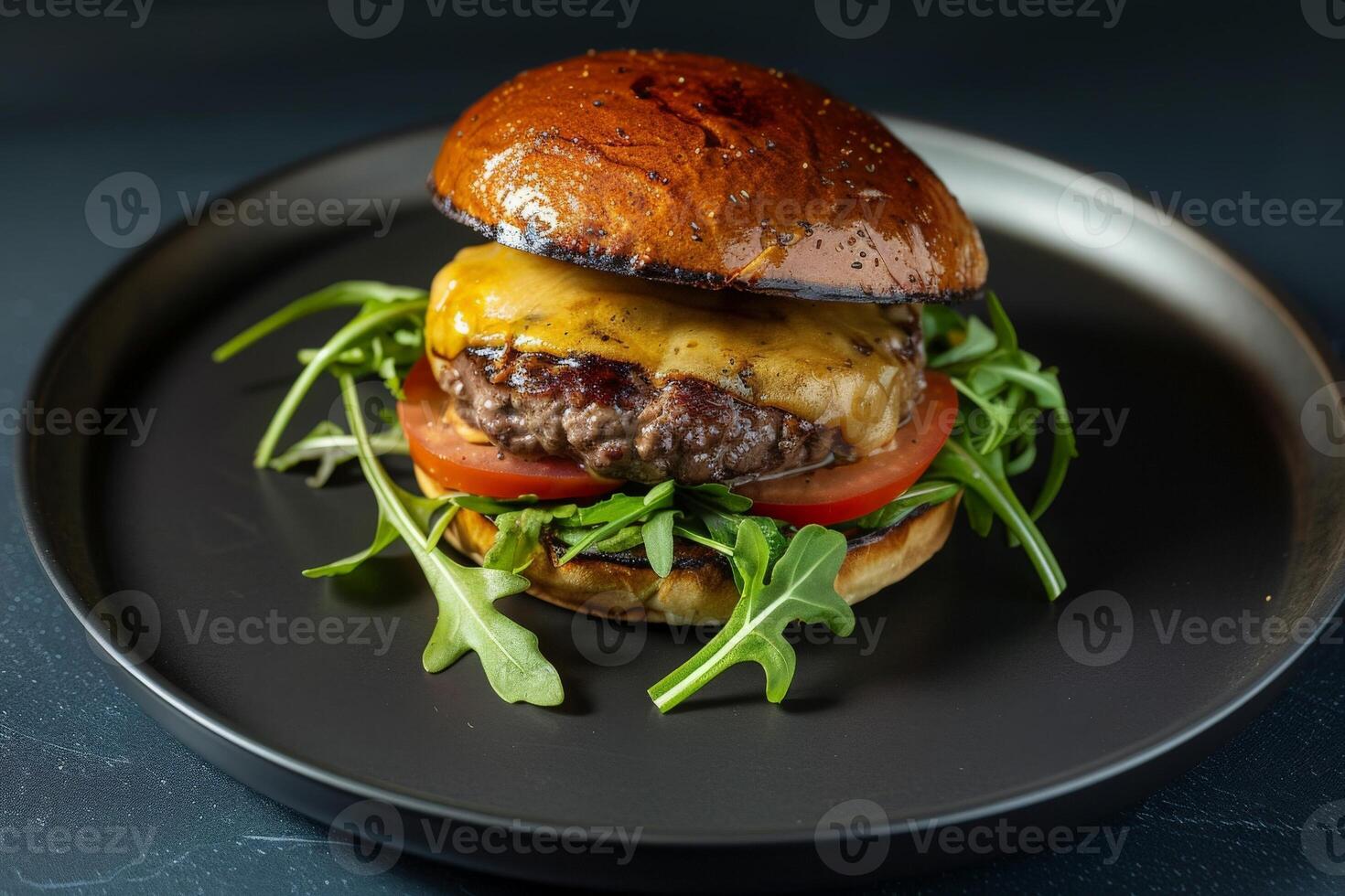 ai generiert ein Gourmet Hamburger sitzt zentriert auf ein glatt schwarz Platte, geschmückt mit frisch Grüner Salat und saftig Tomate Scheiben. foto