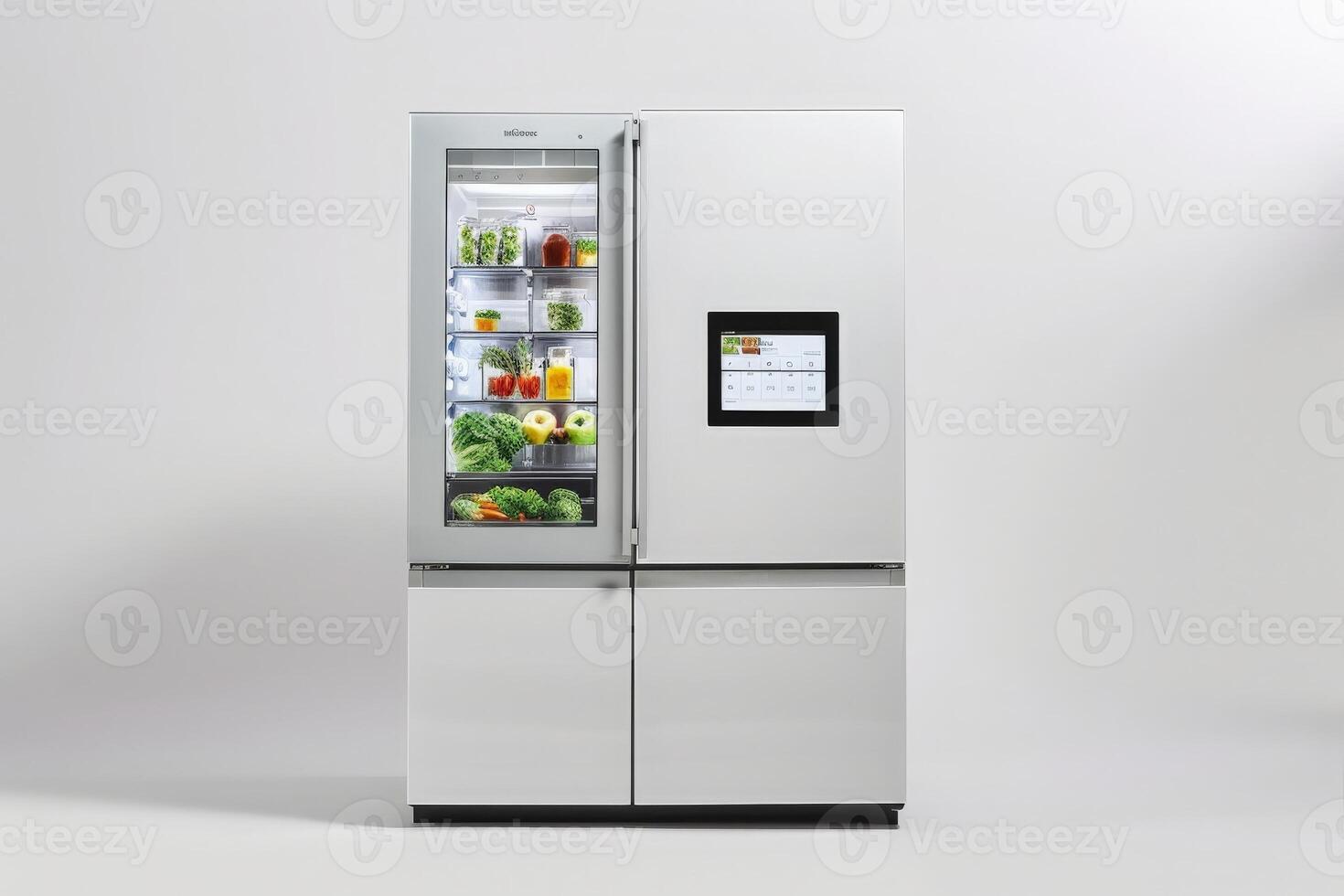 ai generiert ein völlig bestückt Hightech Kühlschrank randvoll mit ein Array von frisch Essen und Getränke. foto