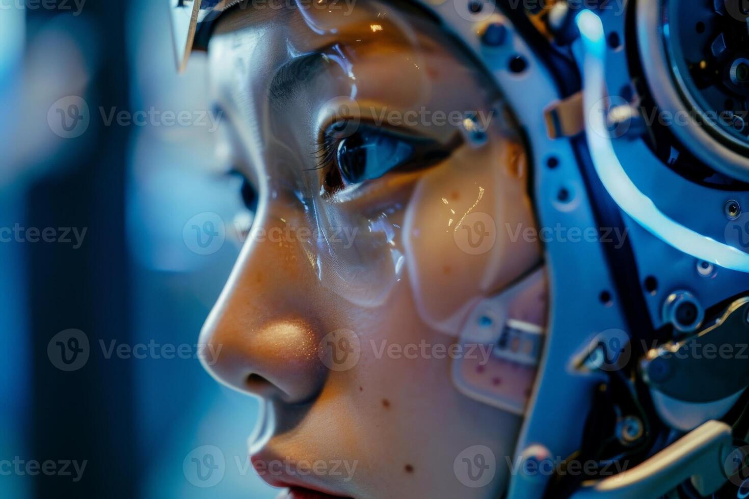 ai generiert ein Frauen Gesicht umgewandelt durch kompliziert mechanisch Teile, mischen Mensch und Maschine im ein futuristisch Verschmelzung von Technologie und Biologie. foto