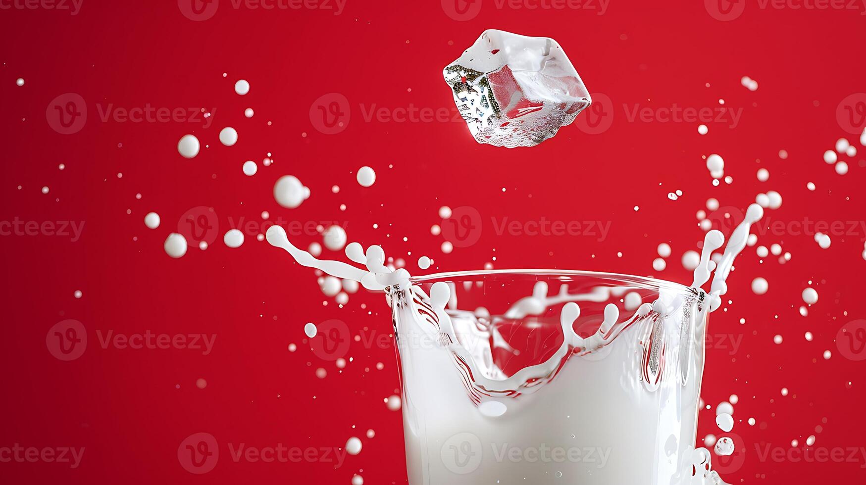 ai generiert planschen Milch von Glas mit rot Hintergrund, Eis Würfel absteigend. foto