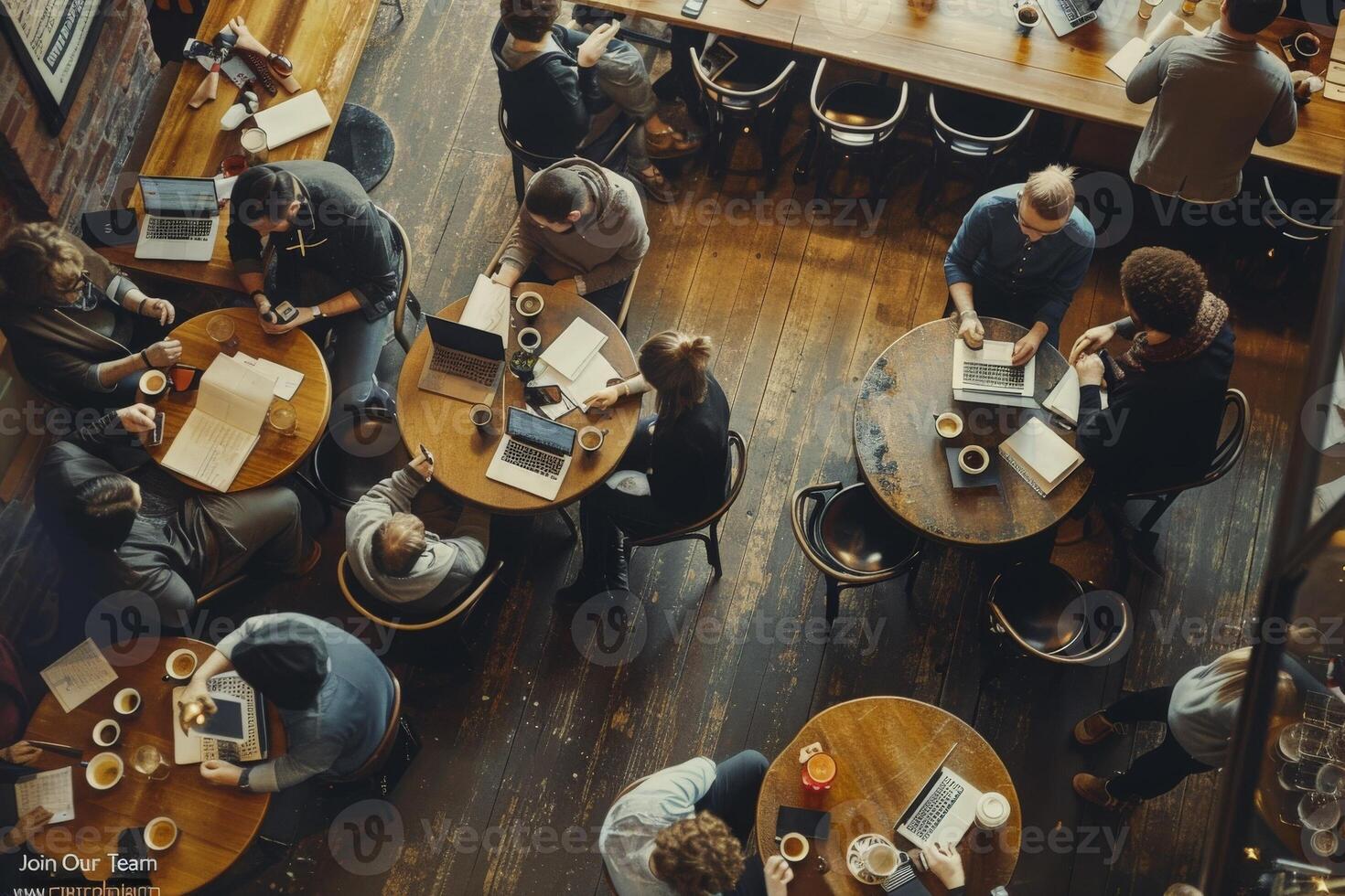 ai generiert ein vielfältig Gruppe von Einzelpersonen engagiert im lebhaft Konversation und Zusammenarbeit um ein rustikal hölzern Tabelle im ein geschäftig Kaffee Geschäft Szene. foto