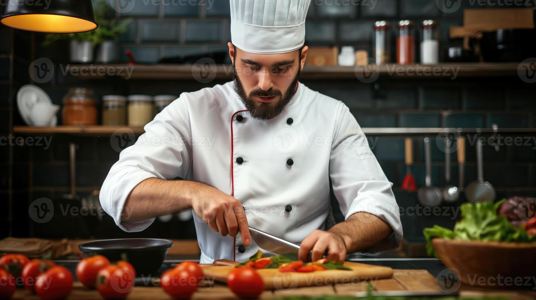 ai generiert Koch Kochen mit frisch Zutaten, kulinarisch Sachverstand im ein Gourmet Restaurant, generativ ai foto