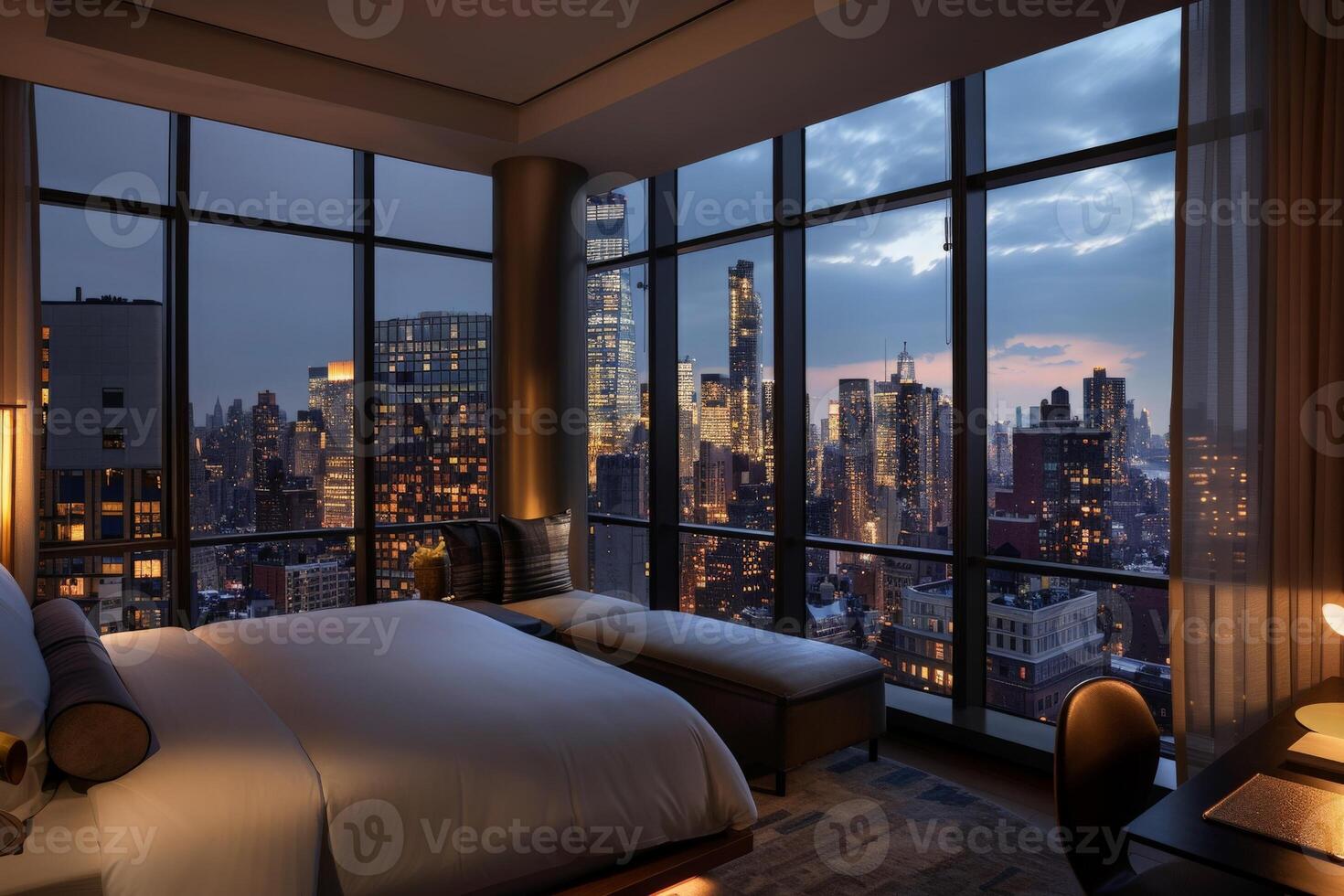 ai generiert ein luxuriös Hotel Zimmer mit ein atemberaubend Aussicht von das Stadt Horizont beim Nacht, funkeln Beleuchtung leuchten das städtisch Landschaft. foto