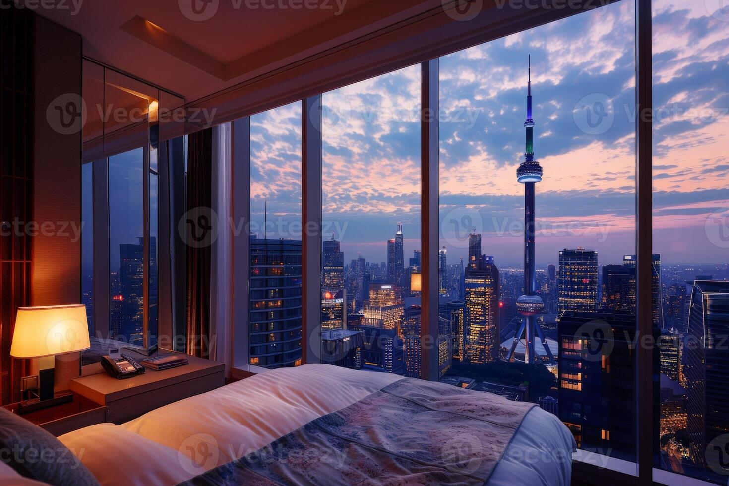 ai generiert ein verschwenderisch Hotel Schlafzimmer mit Blick auf das glänzend Stadt Beleuchtung beim Nacht, Transportieren Sie zu ein traumhaft städtisch Wunderland. foto