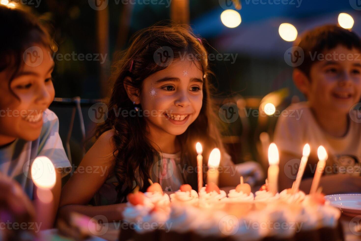 ai generiert ein Gruppe von froh Kinder sitzen im Erwartung um ein schön Geburtstag Kuchen, eifrig warten zu machen ein Wunsch und Schlag aus das Kerzen. foto