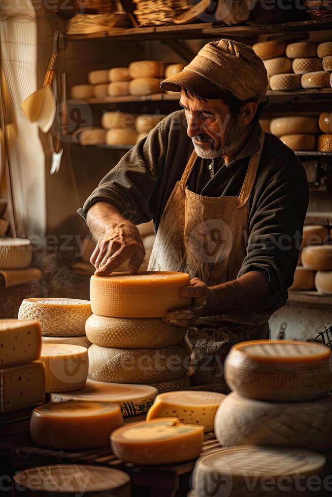 ai generiert Italienisch Käse Hersteller mit seine Stapel von gemacht foto