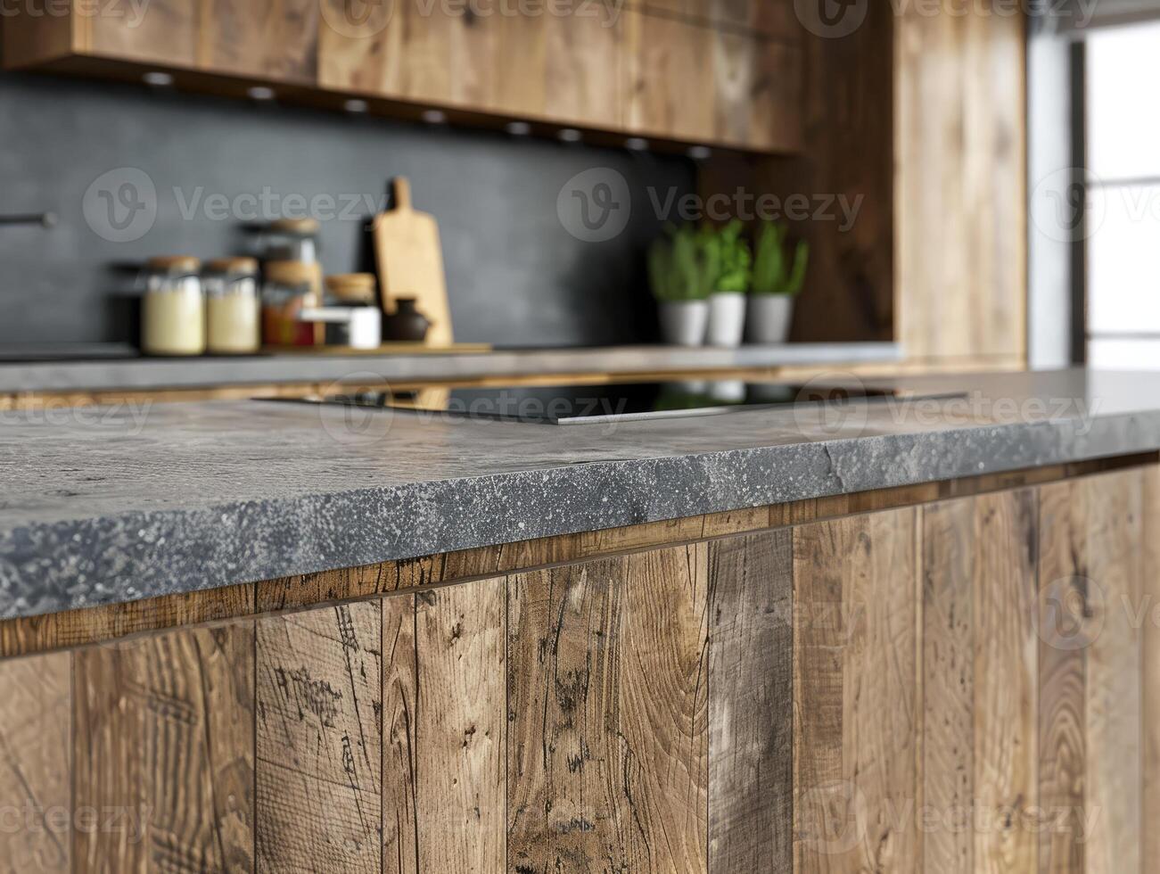 ai generiert schließen oben von ein Küche modern rustikal Stil, Holz Möbel foto