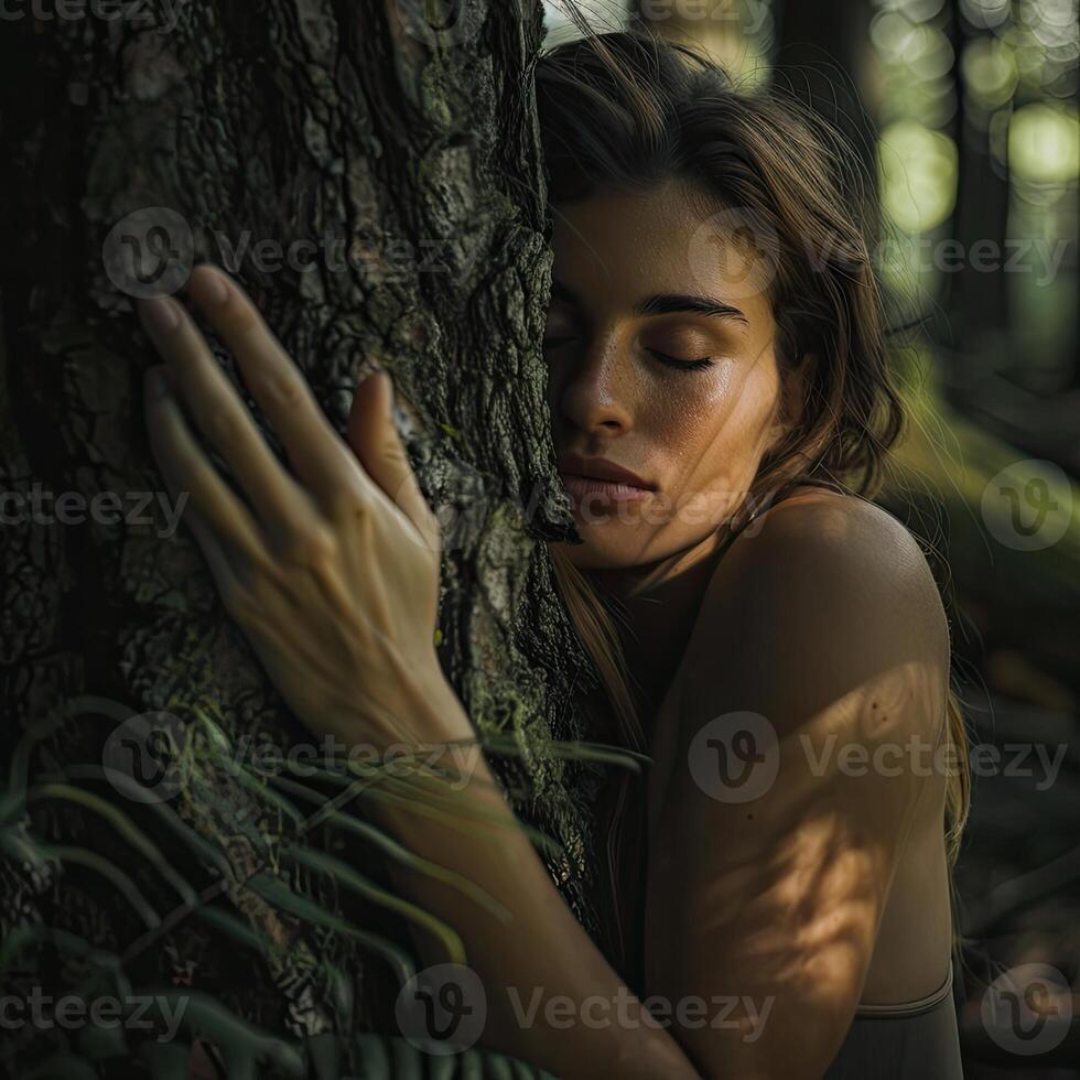 ai generiert nachdenklich Frau umarmen groß Baum Kofferraum im das Wald, Verbindung mit Natur foto