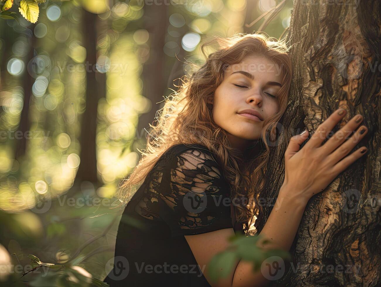 ai generiert nachdenklich Frau umarmen groß Baum Kofferraum im das Wald, Verbindung mit Natur foto