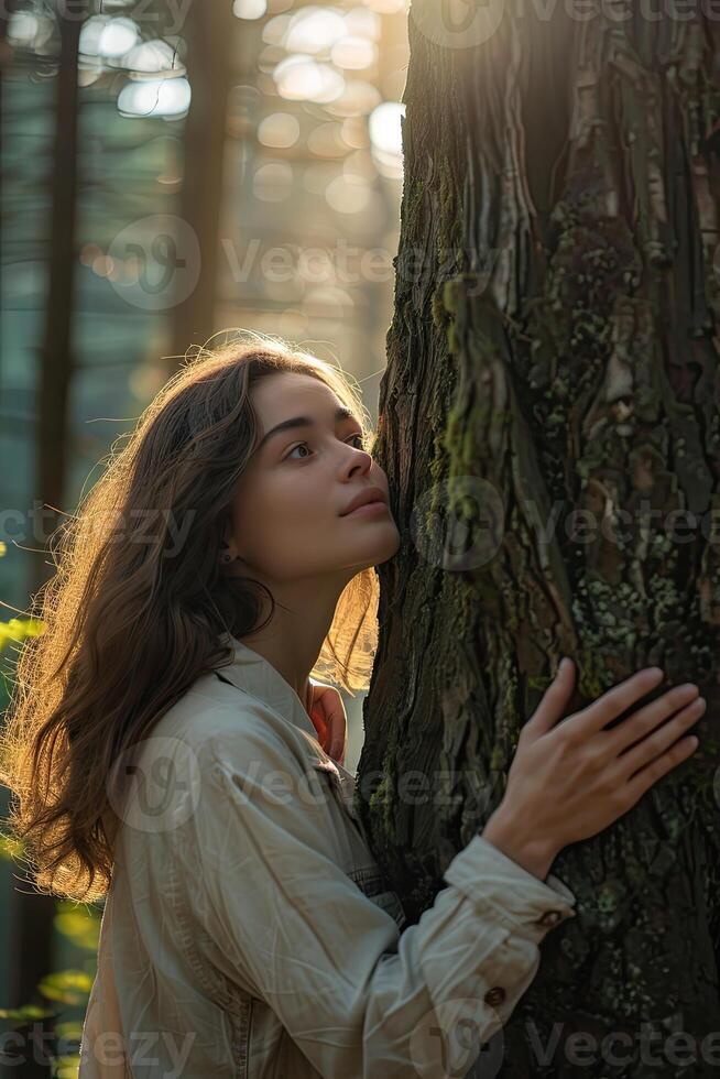 ai generiert nachdenklich Frau umarmen groß Baum Kofferraum im das Wald, Verbindung mit Natur foto