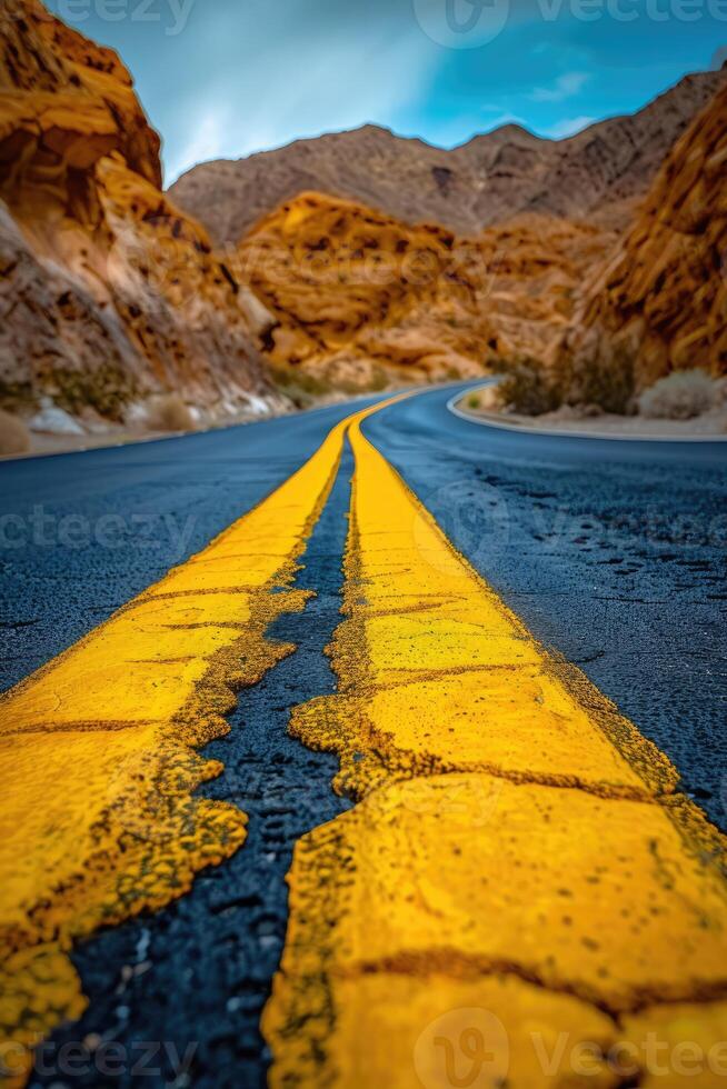 ai generiert Straße im das Wüste, Gelb der Verkehr Linie foto