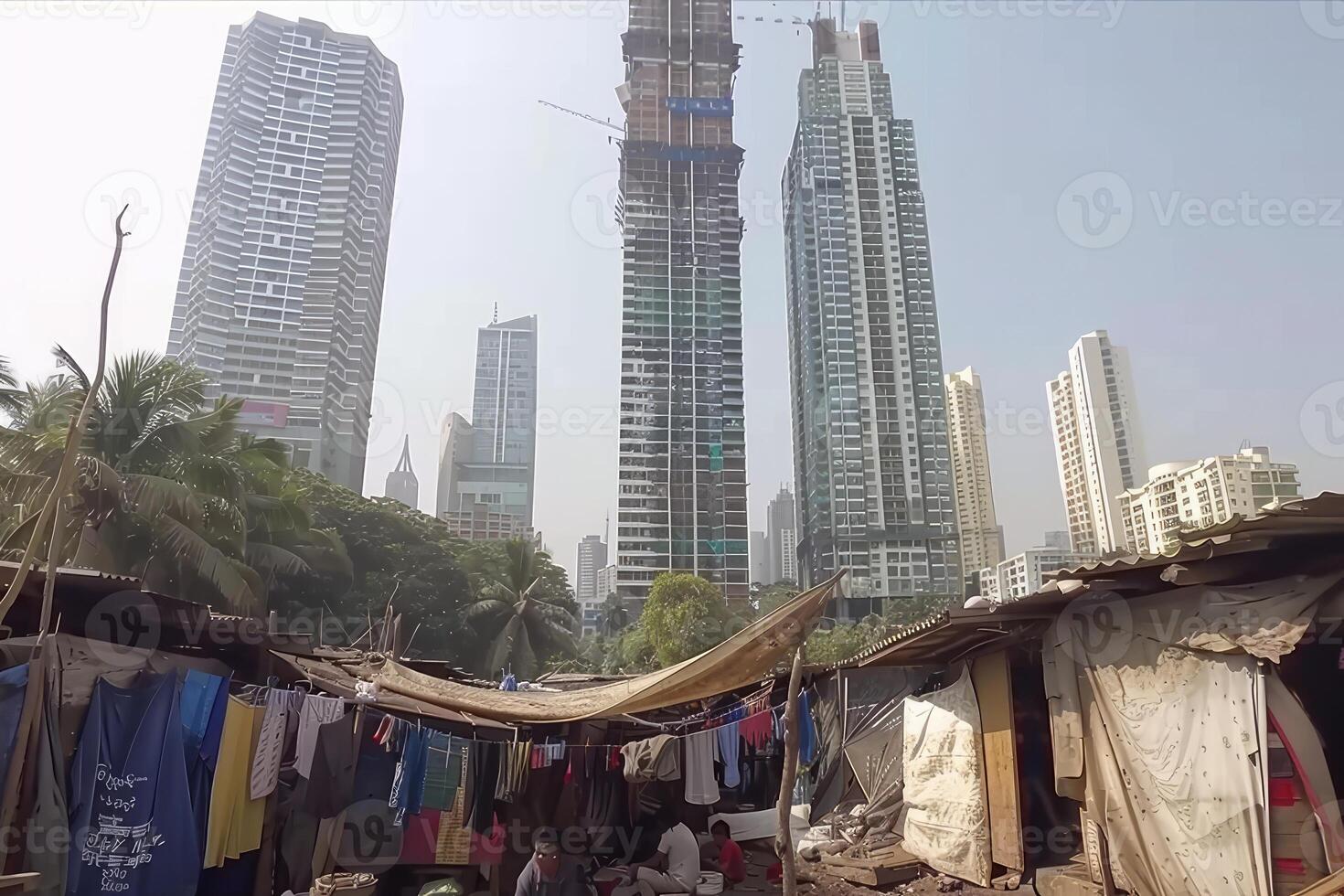 ai generiert Slum Bereiche und Armut hinter Hochhaus Gebäude im das Stadt Fachmann Fotografie foto