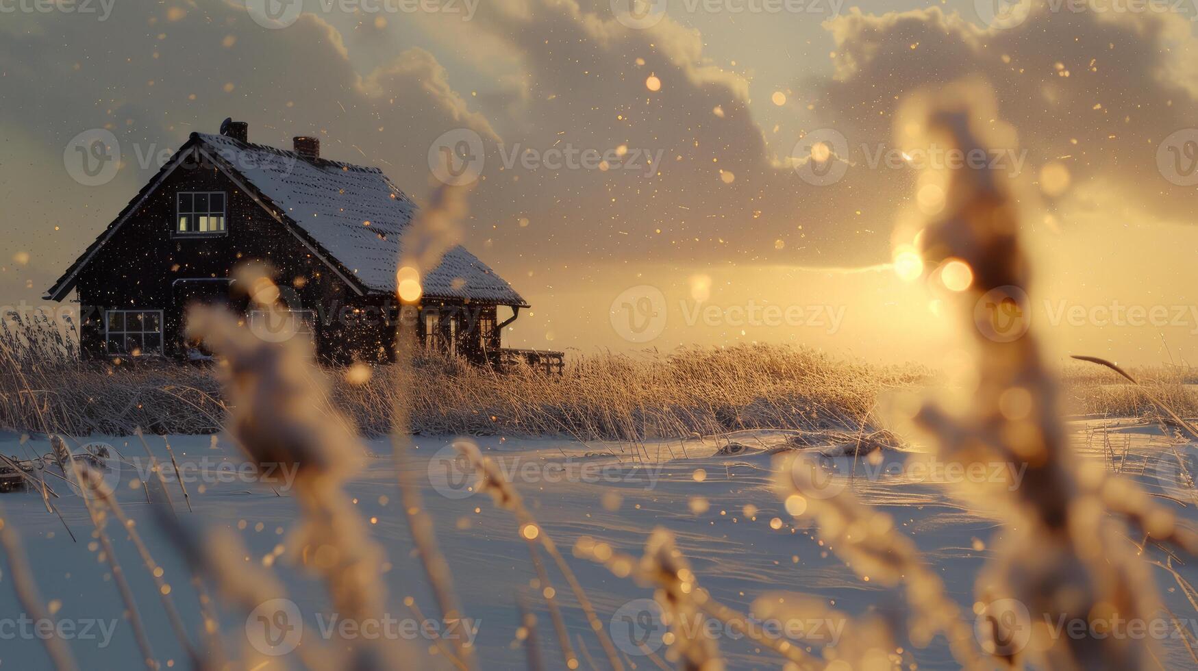 ai generiert Winter Landschaft beim Sonnenuntergang mit Gras und Haus im Hintergrund foto