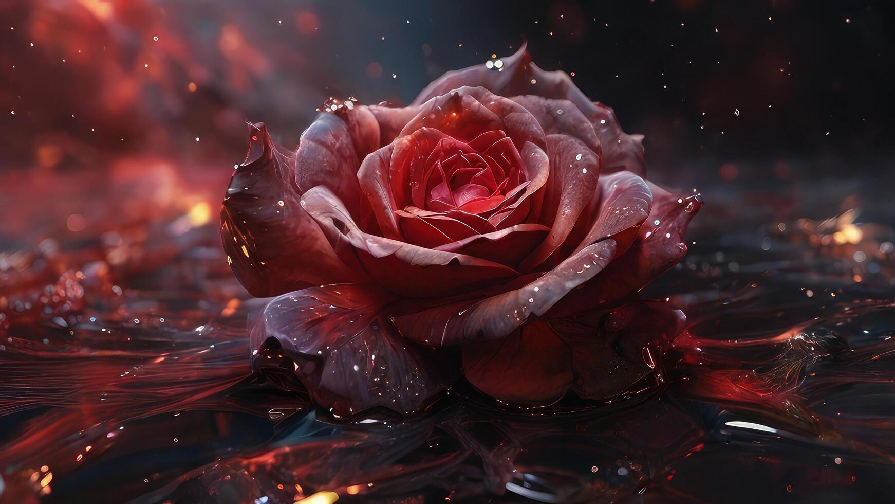 ai generiert scharlachrot Rose Blütenblätter inmitten tief Dunkelheit foto
