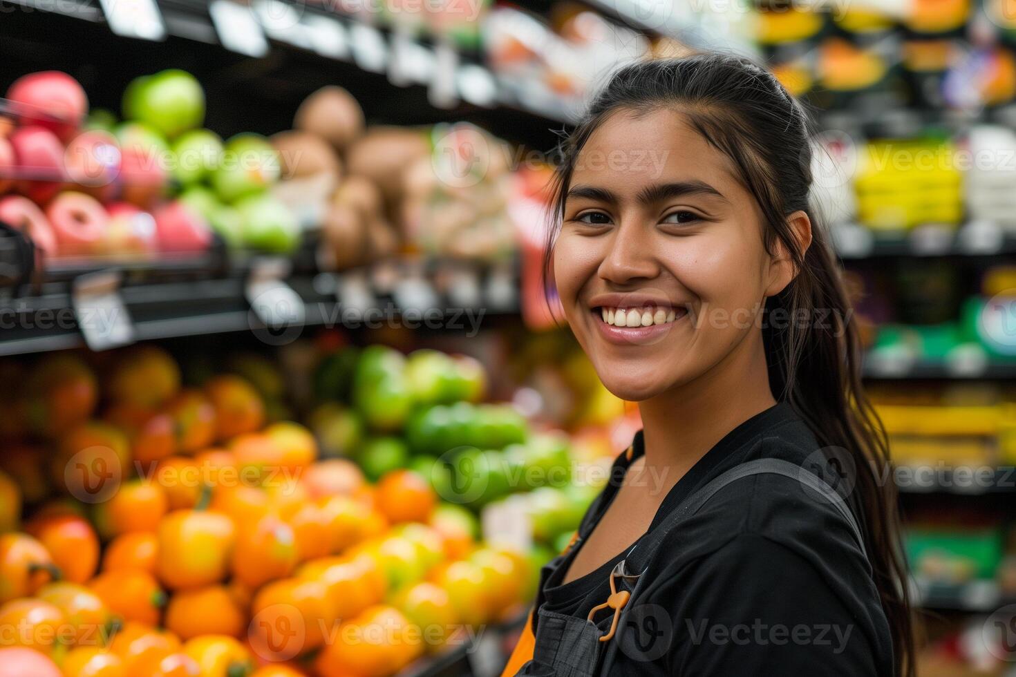 ai generiert lächelnd weiblich Supermarkt Obst Sektion Arbeiter suchen beim das Kamera foto