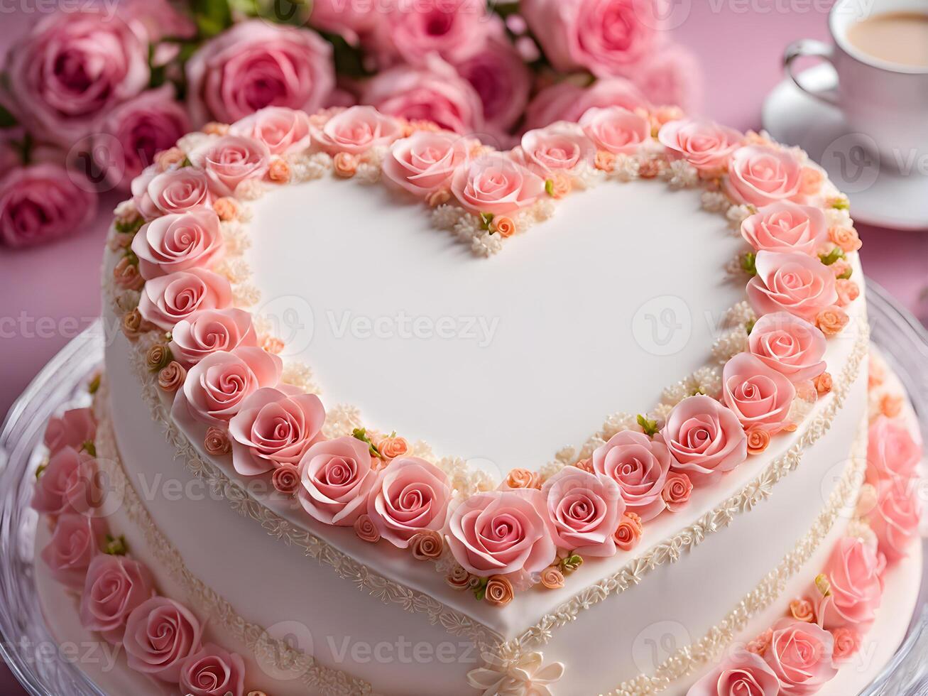 ai generiert herzförmig Pastell- Hochzeit Kuchen mit Rosen foto